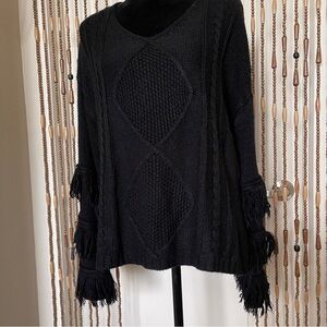 Knit Chunky Boho Fringe Bell Sleeve Boho Sweater Women's Black Sz XL